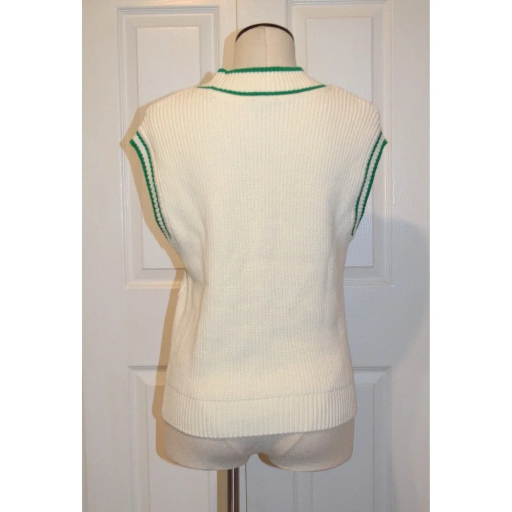 TALBOTS Sweater Vest Womens XS White Cable Knit V Neck Green Trim Preppy - Picture 4 of 13